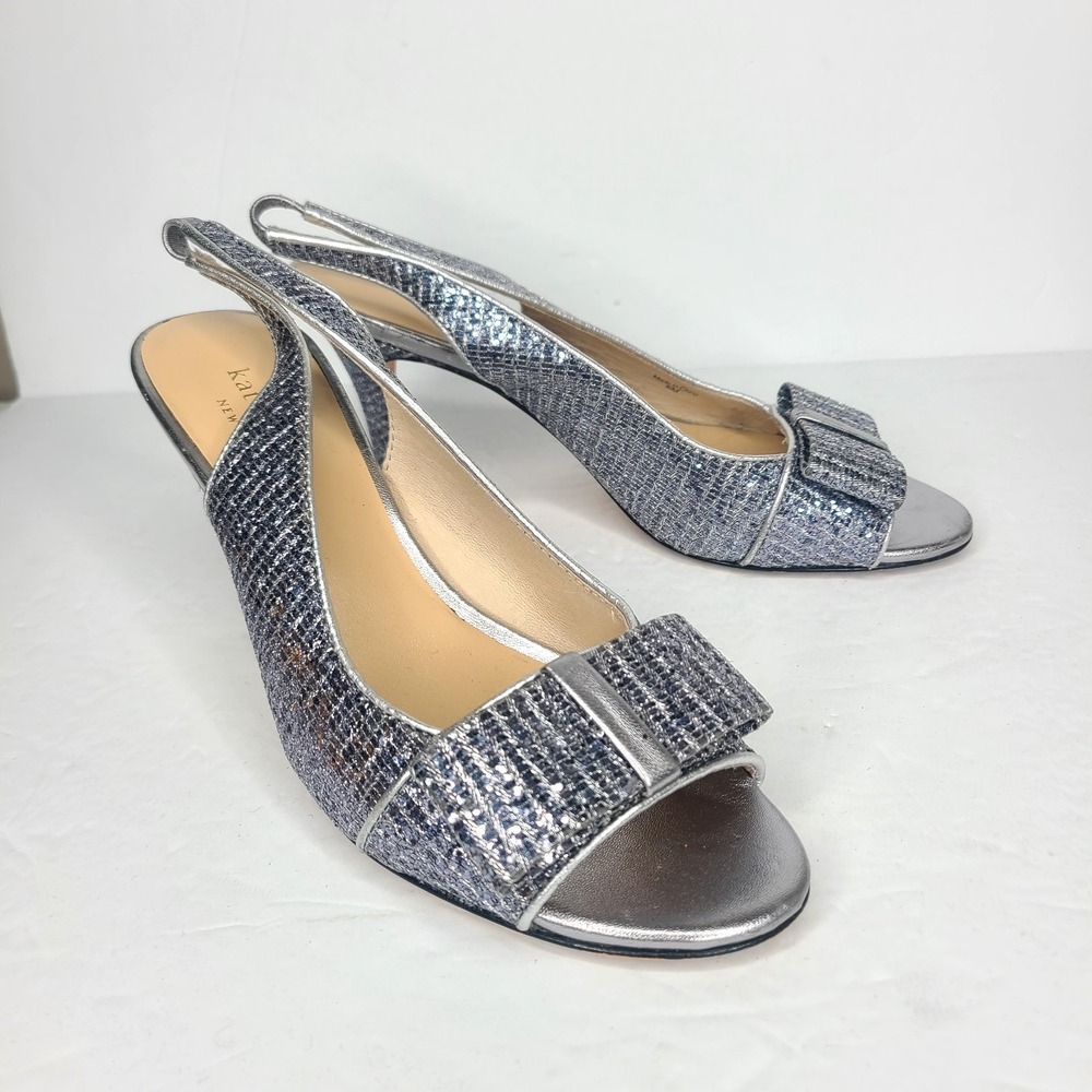 Kate Spade New York Silver Metallic Slingback Peeptoe Bowtie Heels Size 6